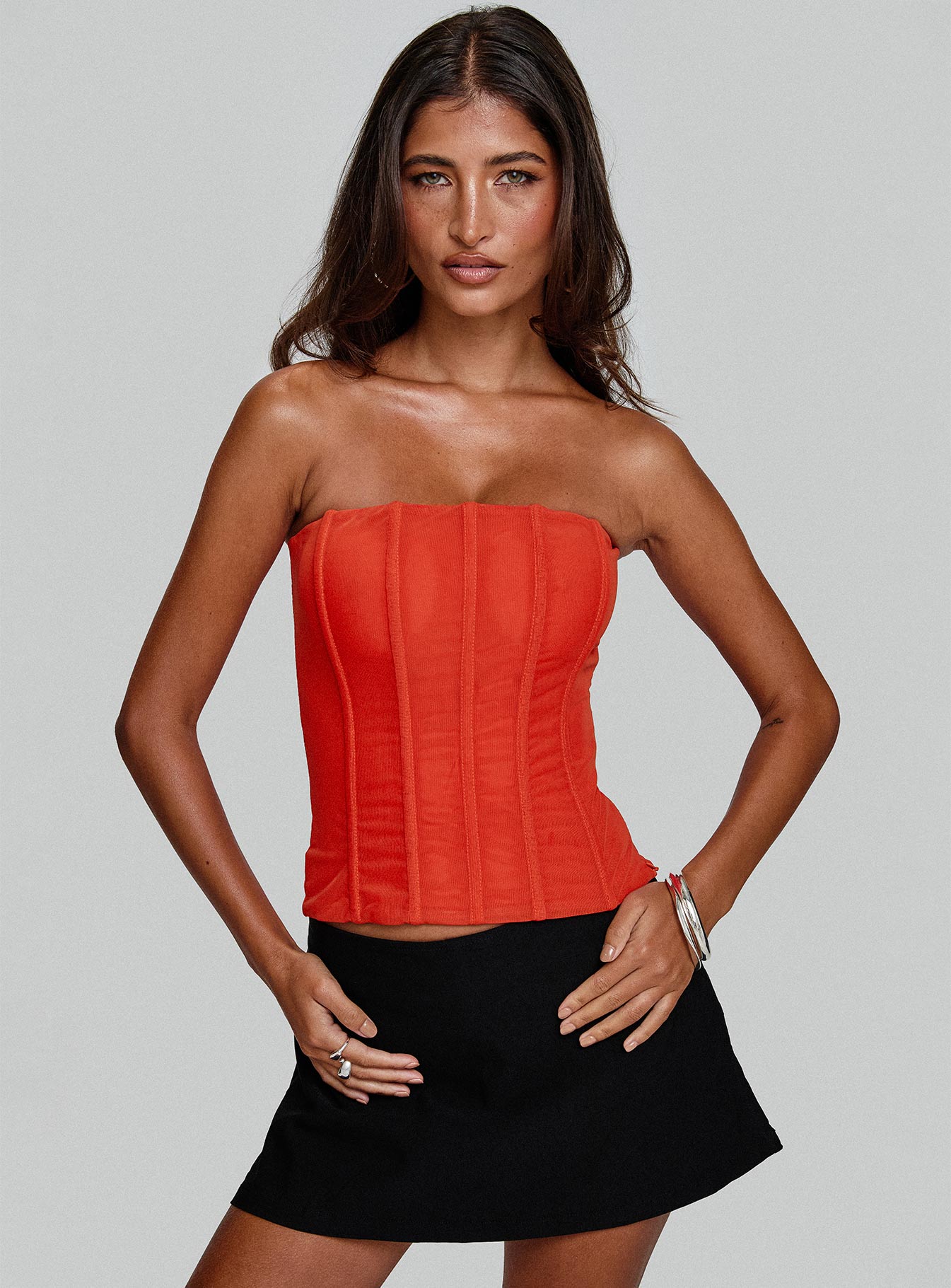 front view of model wearing Princess Polly Moneypenny Strapless Top Orange Sleeveless straight 