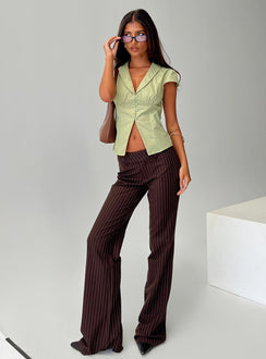 front view of model wearing Princess Polly Crowd Control Collared Top Sage Short Sleeves Plunger 