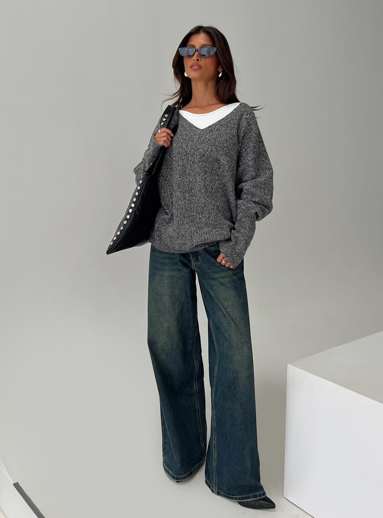 back view of model wearing Princess Polly Beyond My Gaze V Neck Knit Sweater Grey Long 