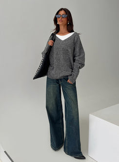 back view of model wearing Princess Polly Beyond My Gaze V Neck Knit Sweater Grey Long 