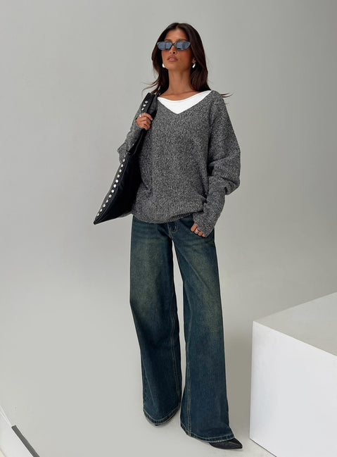 back view of model wearing Princess Polly Beyond My Gaze V Neck Knit Sweater Grey Long 