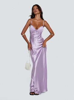 front view of model wearing Princess Polly Fadyen Bias Cut Maxi Dress Lilac Sweetheart Neckline 
