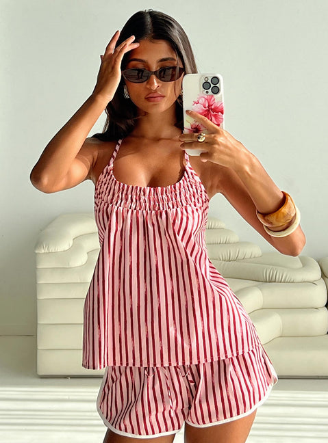 front view of model wearing Princess Polly Your Everything Shorts Pink Stripe High Waisted Shorts 