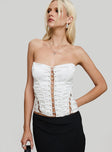 front view of model wearing Princess Polly Mochi Corset Top White Sleeveless Sweetheart 