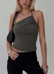 front view of model wearing Princess Polly Catalyst Asymmetrical Top Slate Sleeveless Asymmetric Neckline 