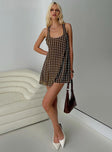 front view of model wearing Princess Polly Serina Polka Mini Dress Brown / White Scoop Neck 