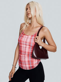 back view of model wearing Princess Polly Keep Talking Top Red Check Sleeveless Scoop Neck 