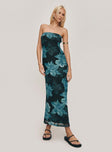 front view of model wearing Princess Polly Celik Maxi Dress Black / Blue Floral Straight Neck 