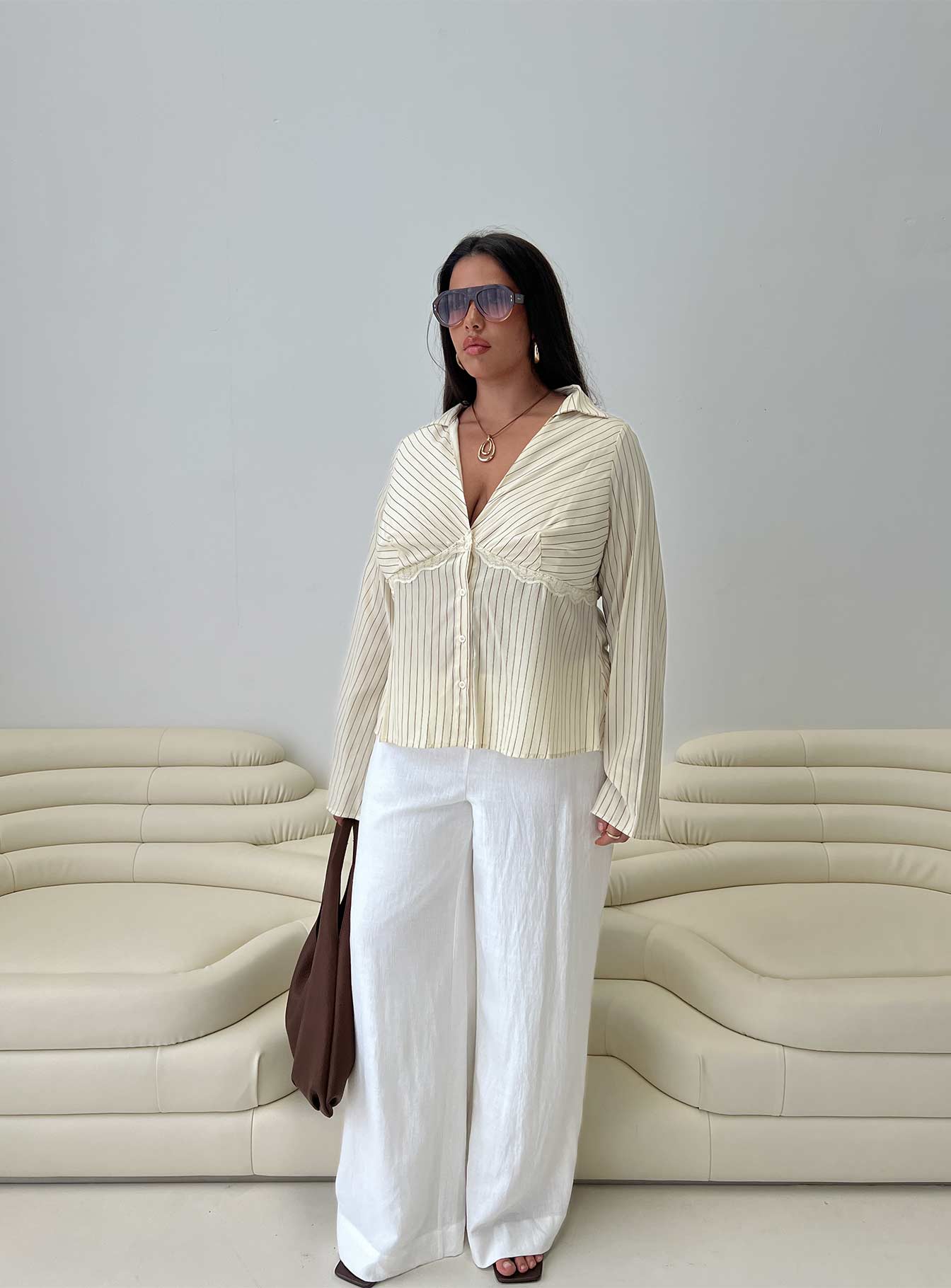 back view of model wearing Princess Polly Life Begins Long Sleeve Lace Trim Top Cream Stripe Curve Full Sleeves Plunger 