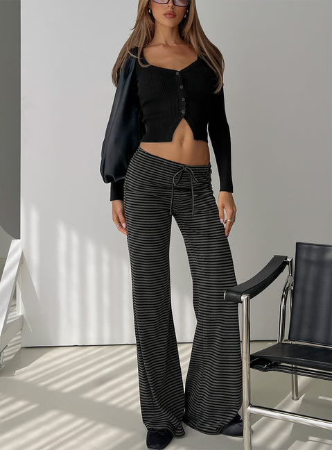 side view of model wearing Princess Polly Alfreda Jersey Pants Grey / Black Stripe Mid Rise Pants 