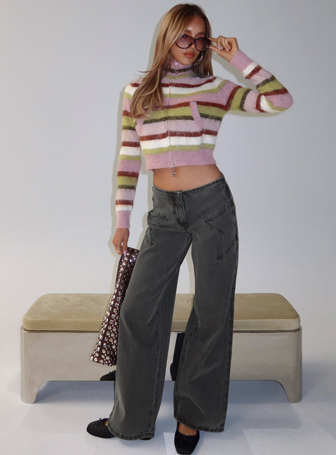 front view of model wearing Princess Polly Dolley Star Stitch Mid Rise Wide Leg Jean Grey Wash Mid Rise Jeans 