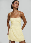 front view of model wearing Princess Polly South Of France Mini Dress Yellow Square Neck 