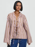 front view of model wearing Princess Polly Spiri Shirt Pink Stripe Full Sleeves V-Neck 