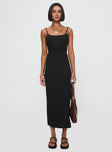 front view of model wearing Princess Polly Elestria Maxi Dress Black Scoop Neck 