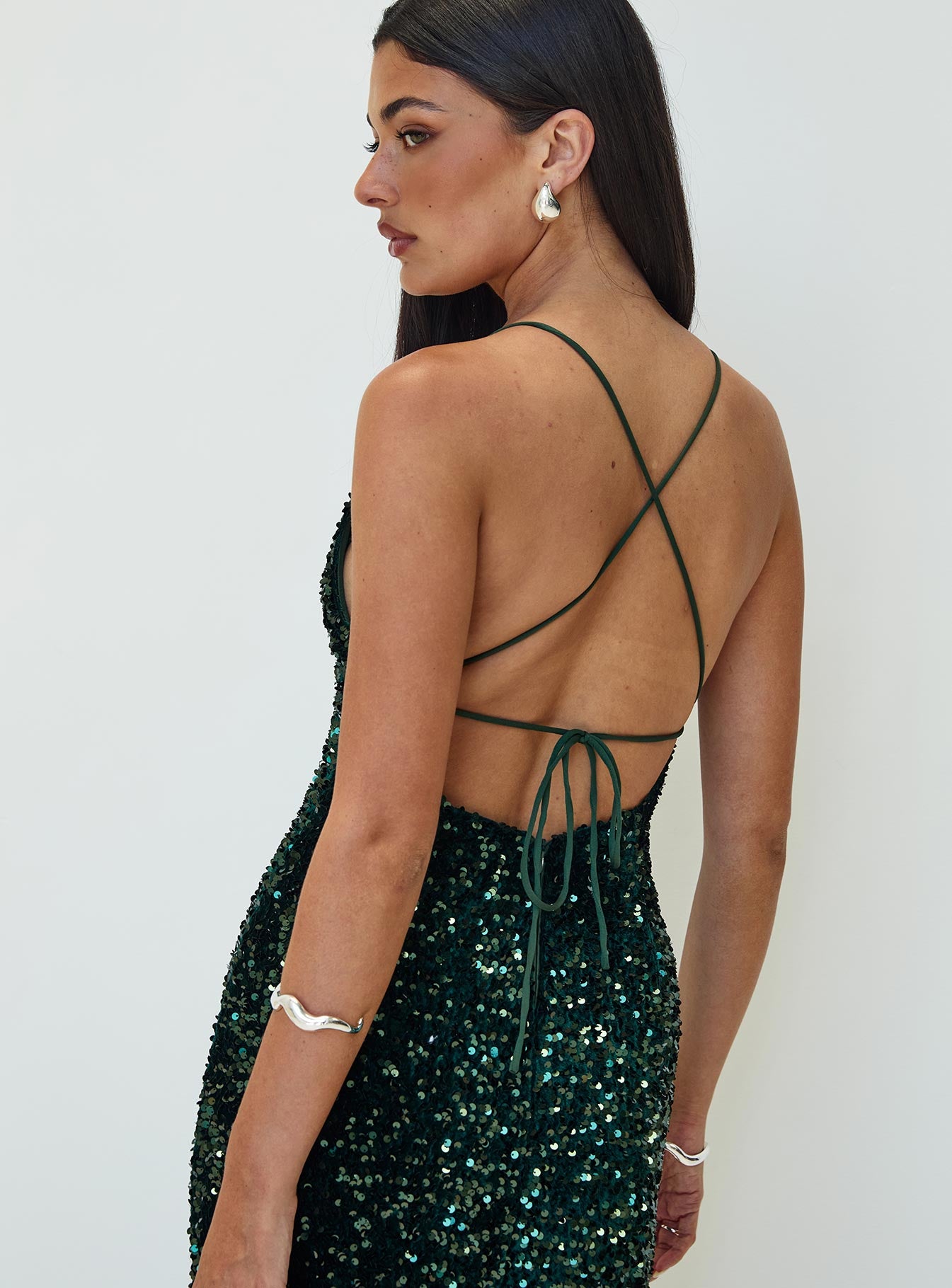back view of model wearing Princess Polly Charlette Sparkle Maxi Dress Dark Green V-Neck 