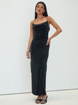 front view of model wearing Princess Polly Cutting Edge Maxi Dress Black Glitter Cowl Neck 