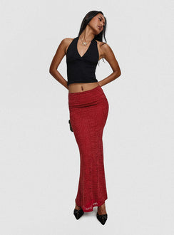   side view of model wearing Princess Polly Silene Maxi Skirt Red 