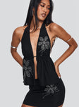 front view of model wearing Princess Polly Quotation Diamante Halter Backless Top Black Sleeveless Plunger 