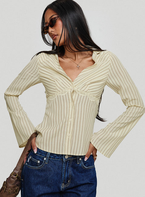 front view of model wearing Princess Polly Life Begins Long Sleeve Lace Trim Top Cream Stripe Full Sleeves V-Neck 