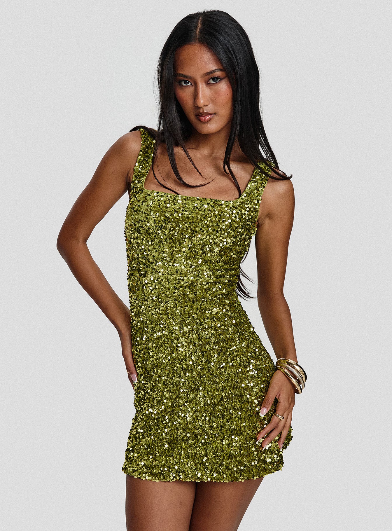 side view of model wearing Princess Polly Miss Me Sequin Mini Dress Chartreuse Square Neck 