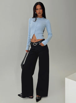 back view of model wearing Princess Polly Suzu Long Sleeve Top Blue Full Sleeves Crew Neck 