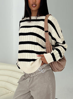 side view of model wearing Princess Polly Elenita Wide Neck Knit Sweater Black / White Long 