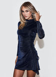 side view of model wearing Princess Polly Souza Long Sleeve Mini Dress Navy High Neck 