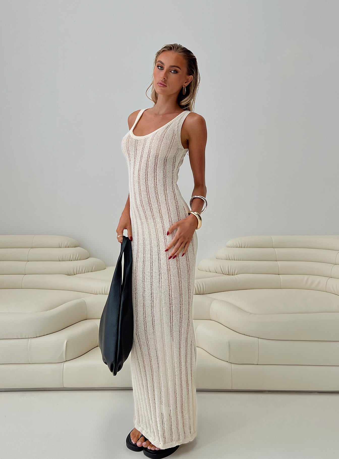 back view of model wearing Princess Polly Fransson Maxi Dress Cream Scoop Neck 