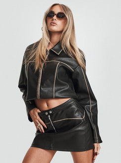   side view of model wearing Princess Polly Autopilot Mini Skirt Black Mini Skirts 