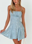 front view of model wearing Princess Polly Bluebird Jacquard Mini Dress Blue Square Neck 