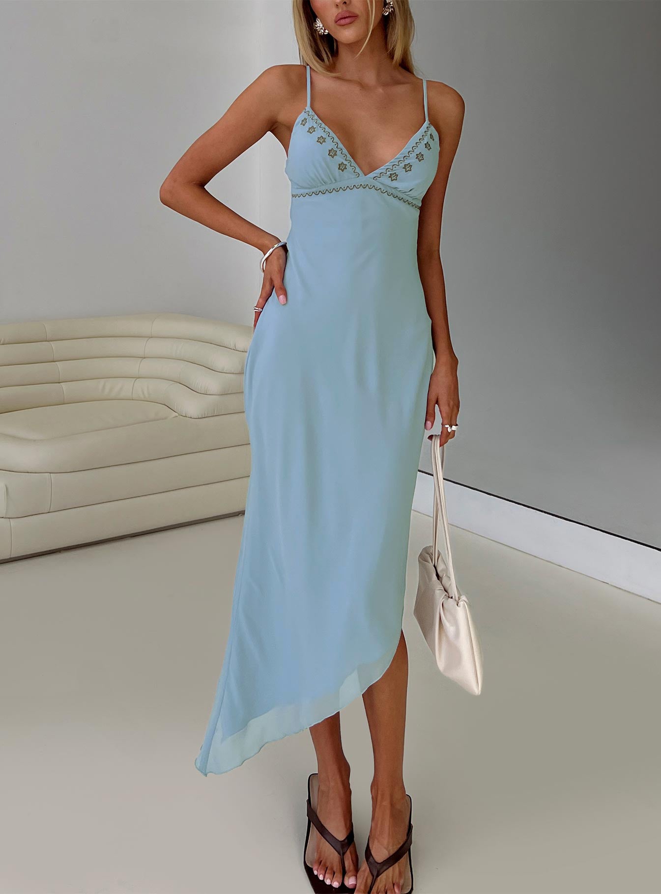 front view of model wearing Princess Polly Fleuretta Embroidered Midi Dress Blue / Brown Plunger 