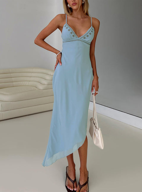 front view of model wearing Princess Polly Fleuretta Embroidered Midi Dress Blue / Brown Plunger 