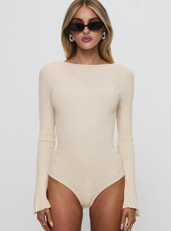 front view of model wearing Princess Polly Mayok Long Sleeve Bodysuit Beige Full Sleeves 