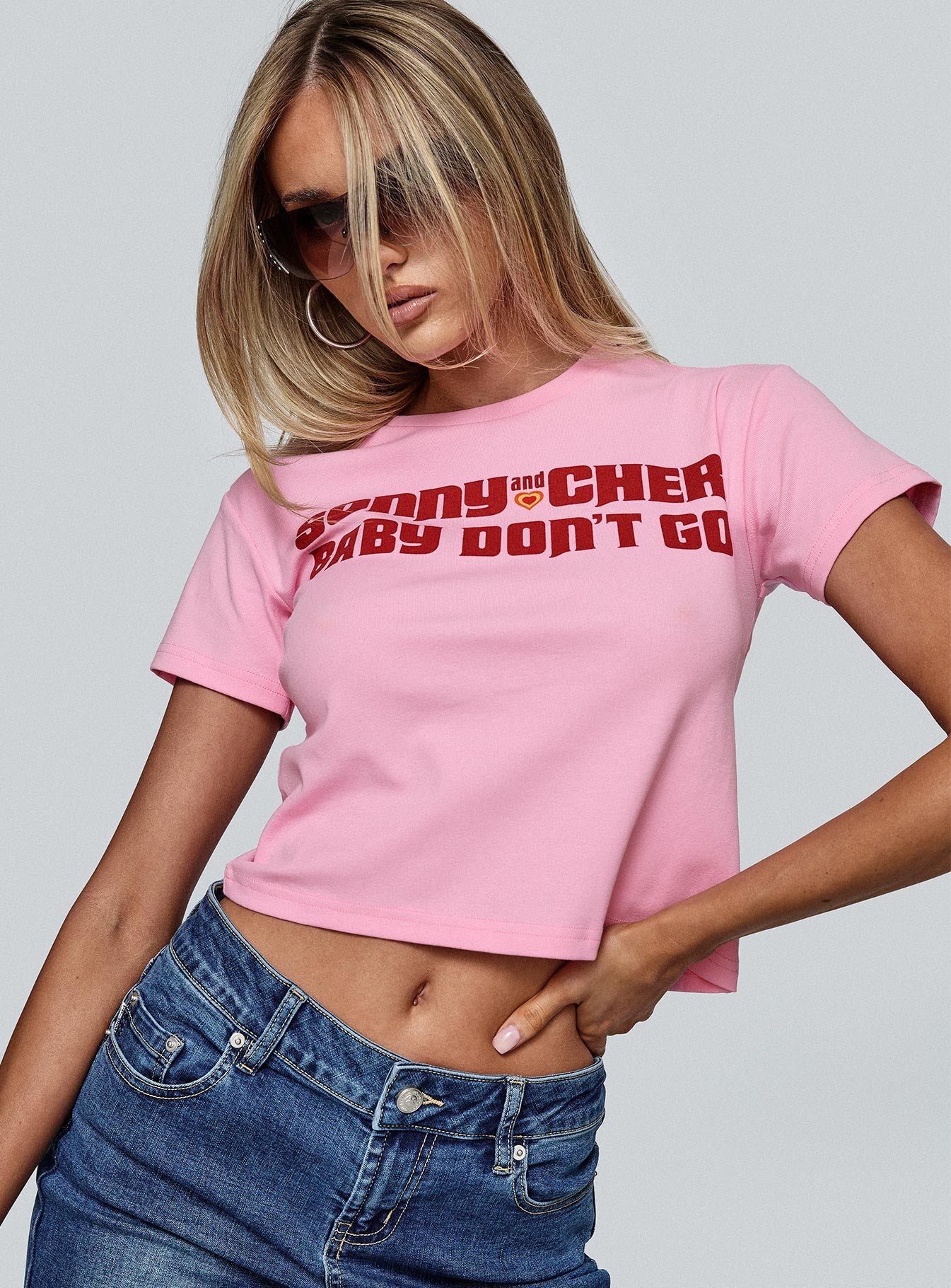 back view of model wearing Princess Polly Sonny And Cher Vintage Graphic Top Pink Short Sleeves Crew Neck 