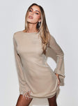 front view of model wearing Princess Polly Supanova Long Sleeve Mini Dress Champagne High Neck 