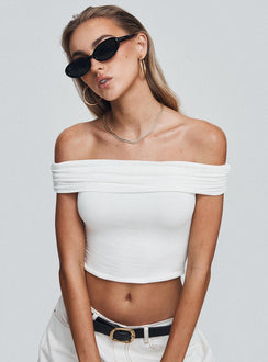 back view of model wearing Princess Polly Channel Off The Shoulder Top White Short Sleeves straight 