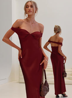 front view of model wearing Princess Polly Heartthrobs Off The Shoulder Maxi Dress Red Sweetheart Neckline 