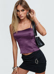 side view of model wearing Princess Polly Marcelline Satin Top Plum Sleeveless Square Neck 