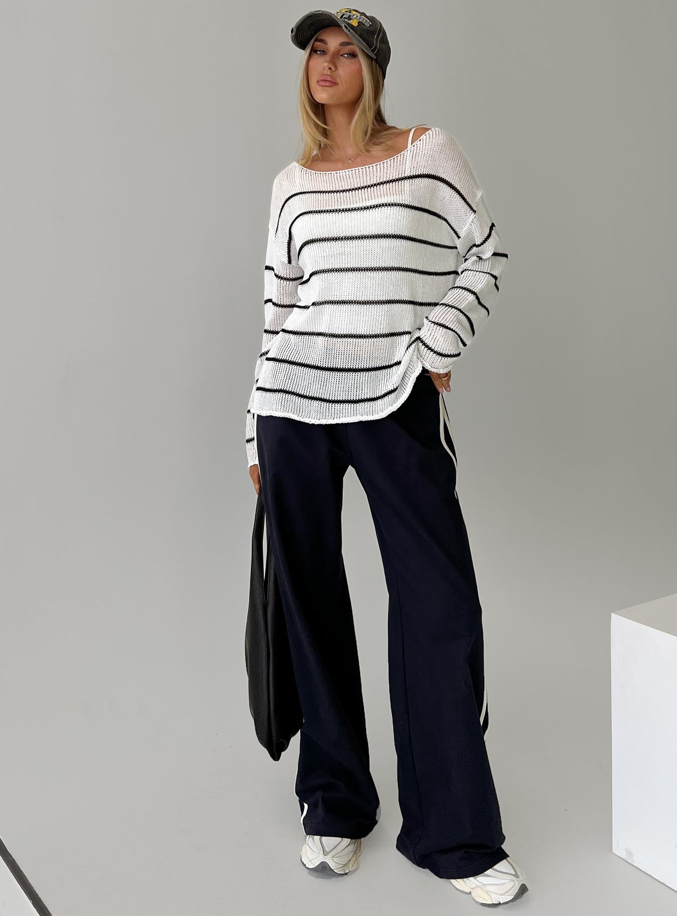 front view of model wearing Princess Polly Alperton Knit Sweater Cream Stripe Long 