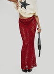   side view of model wearing Princess Polly Lombardio Lace Maxi Skirt Burgundy Maxi 