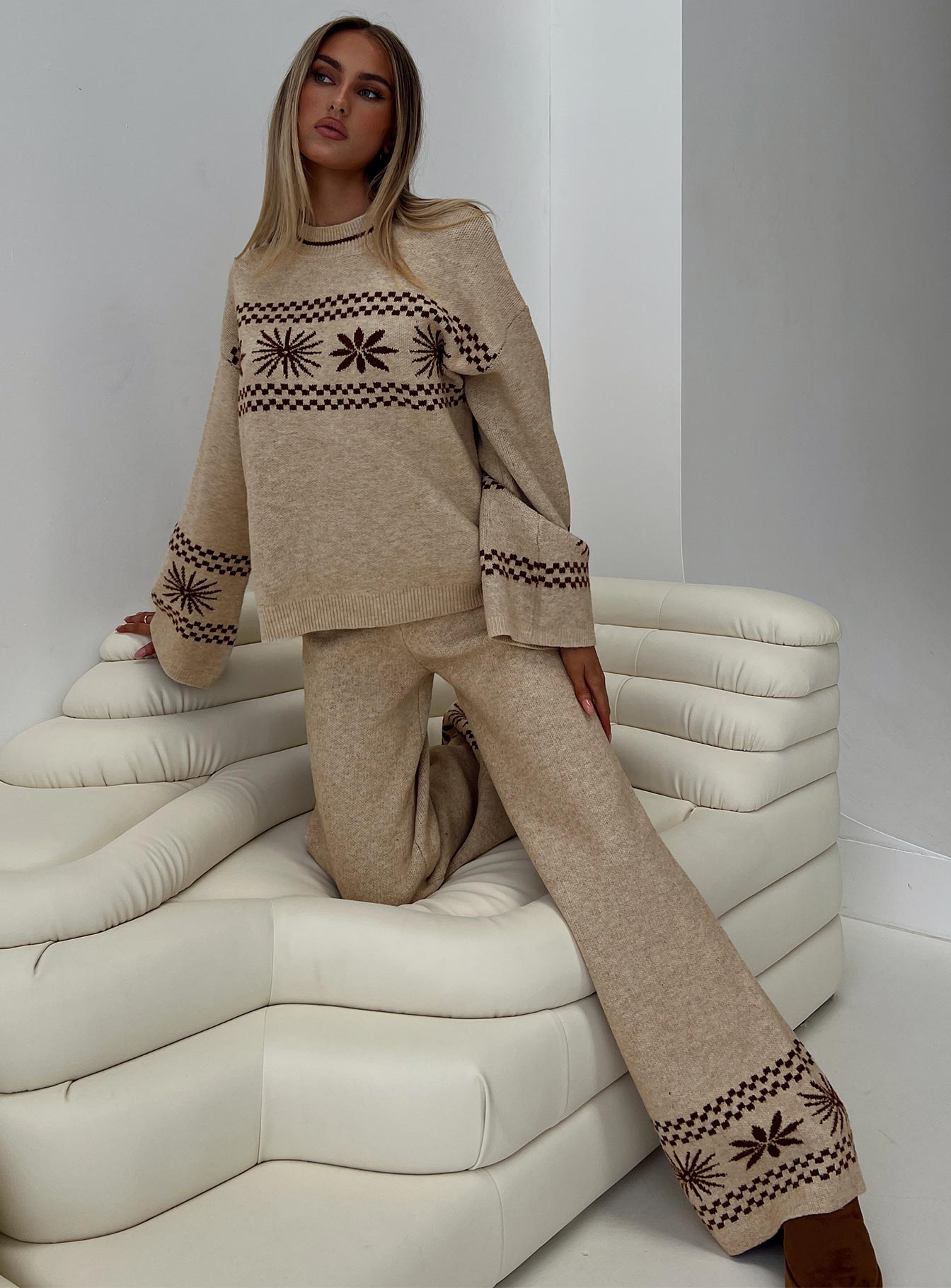 front view of model wearing Princess Polly Anok Graphic Sweater Cream / Brown Long 