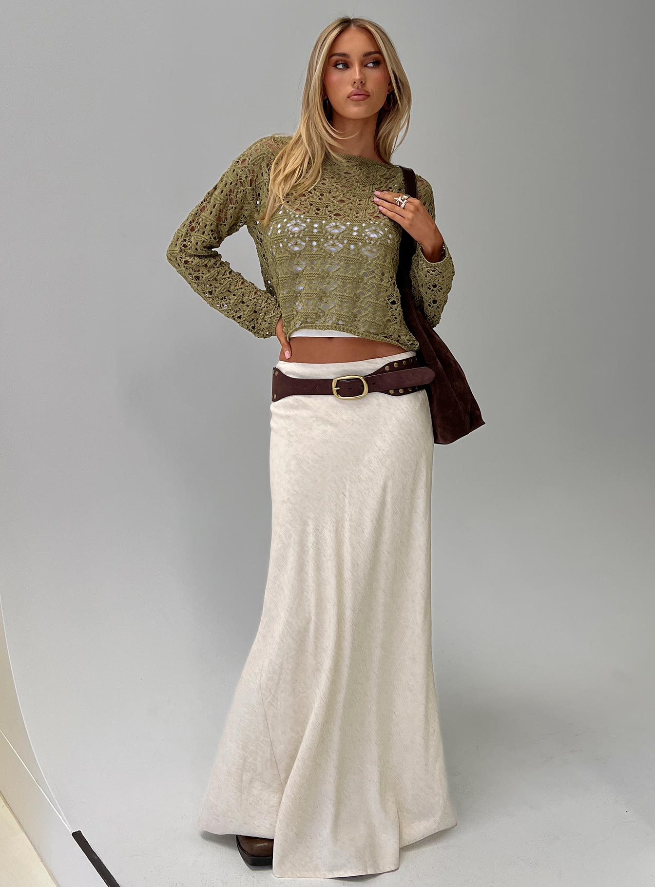 front view of model wearing Princess Polly Birdena Sweater Green Cropped 