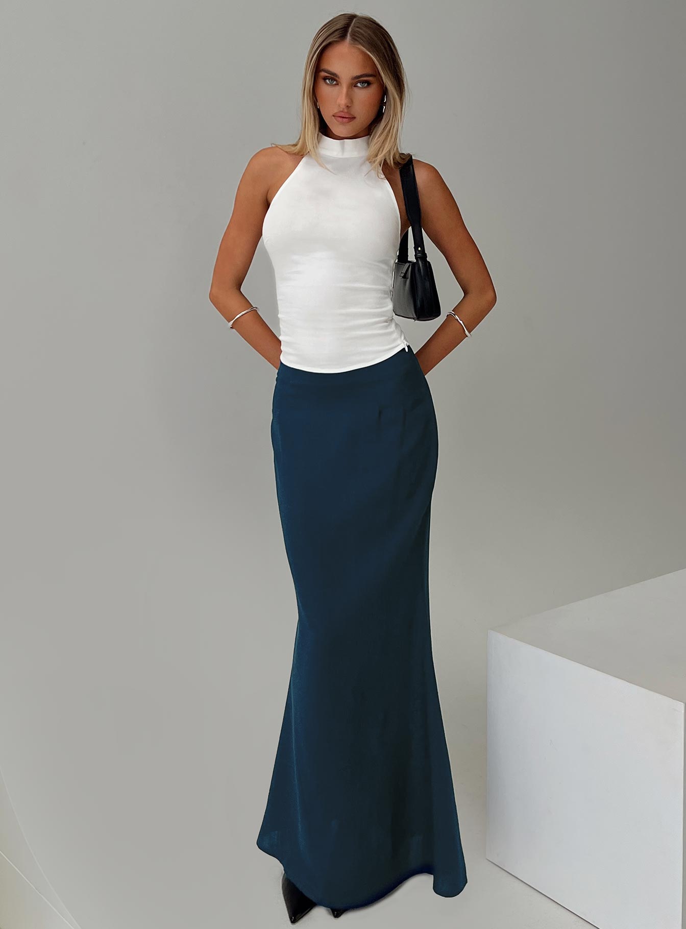   front view of model wearing Princess Polly Sophia Maxi Skirt Navy Maxi 