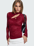 back view of model wearing Princess Polly Twisted Humour Long Sleeve Lace Bodysuit Burgundy Full Sleeves 