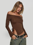 back view of model wearing Princess Polly Endellion Off Shoulder Long Sleeve Top Chocolate Full Sleeves straight 