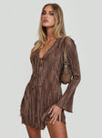 side view of model wearing Princess Polly Malop Long Sleeve Mini Dress Chocolate V-Neck 