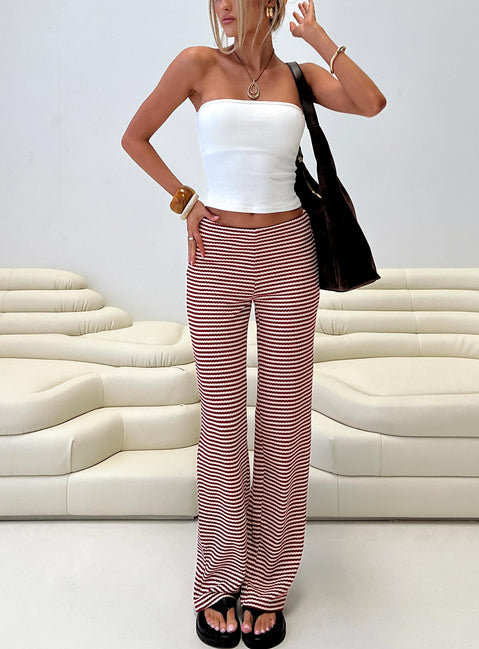 front view of model wearing Princess Polly Next To Me Lounge Pant Red / White Stripe Low Rise Pants 