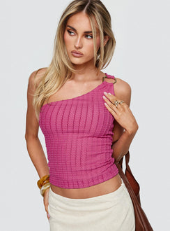 front view of model wearing Princess Polly All Falls Down One Shoulder Top Pink Sleeveless Asymmetric Neckline 