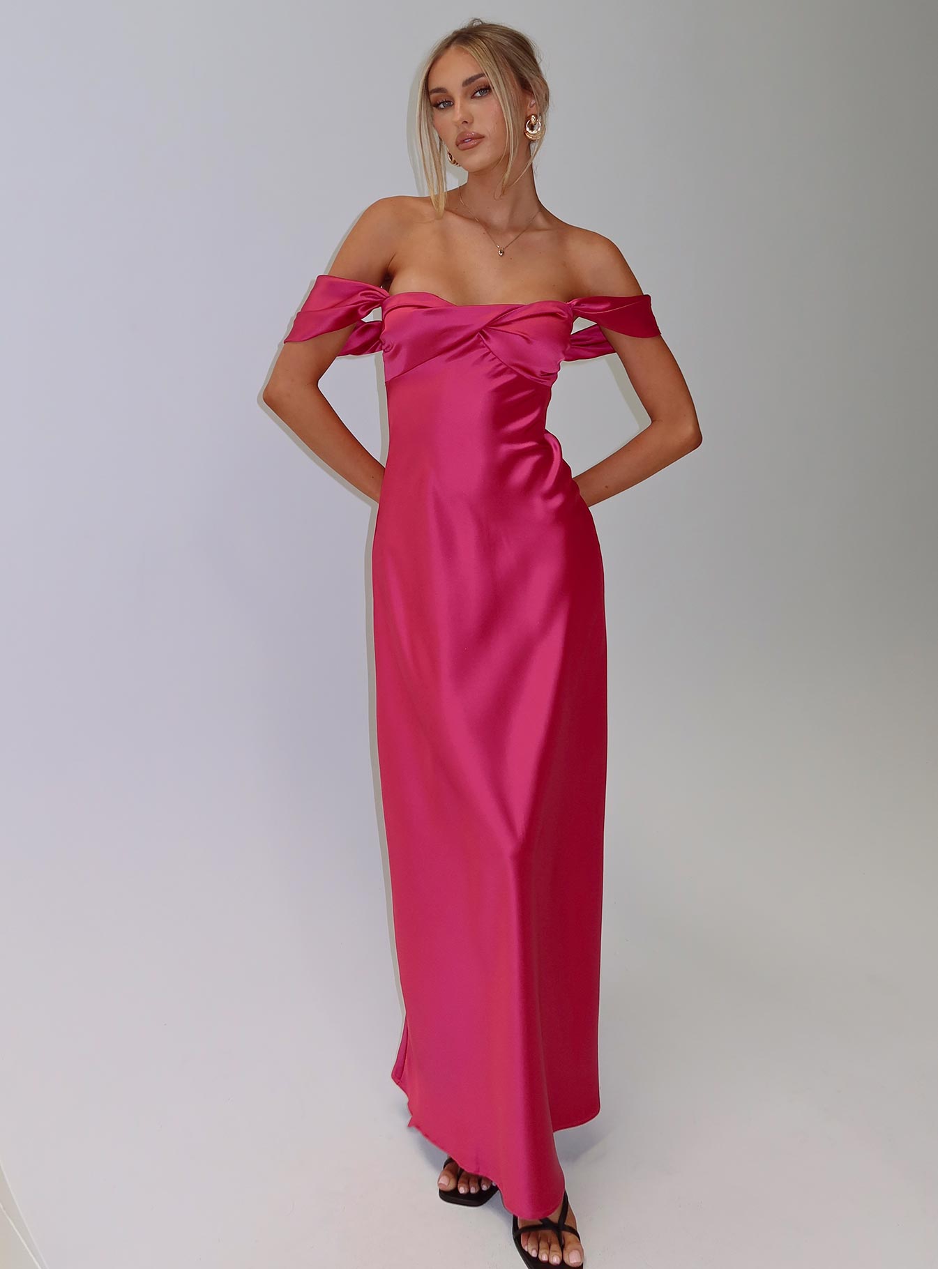 front view of model wearing Princess Polly Live For You Off The Shoulder Maxi Dress Hot Pink Sweetheart Neckline 