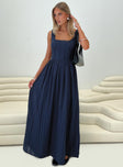 side view of model wearing Princess Polly Lorinda Maxi Dress Navy Square Neck 